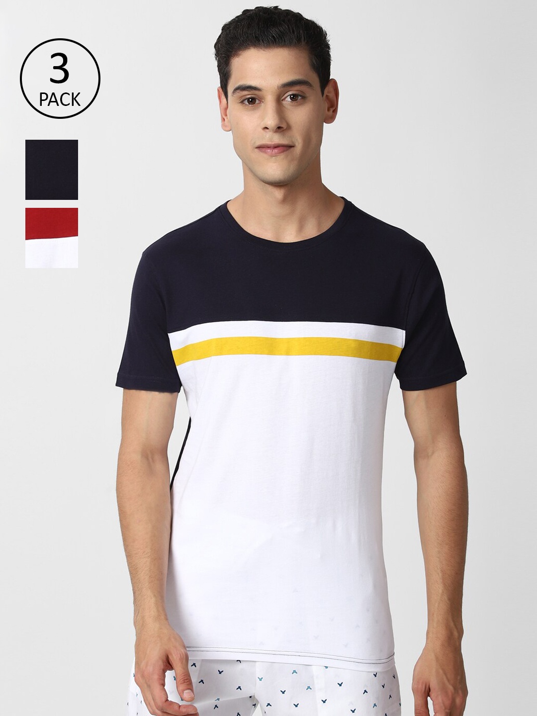 

Peter England Men Pack of 3 Colourblocked Cotton T-shirt, Navy blue