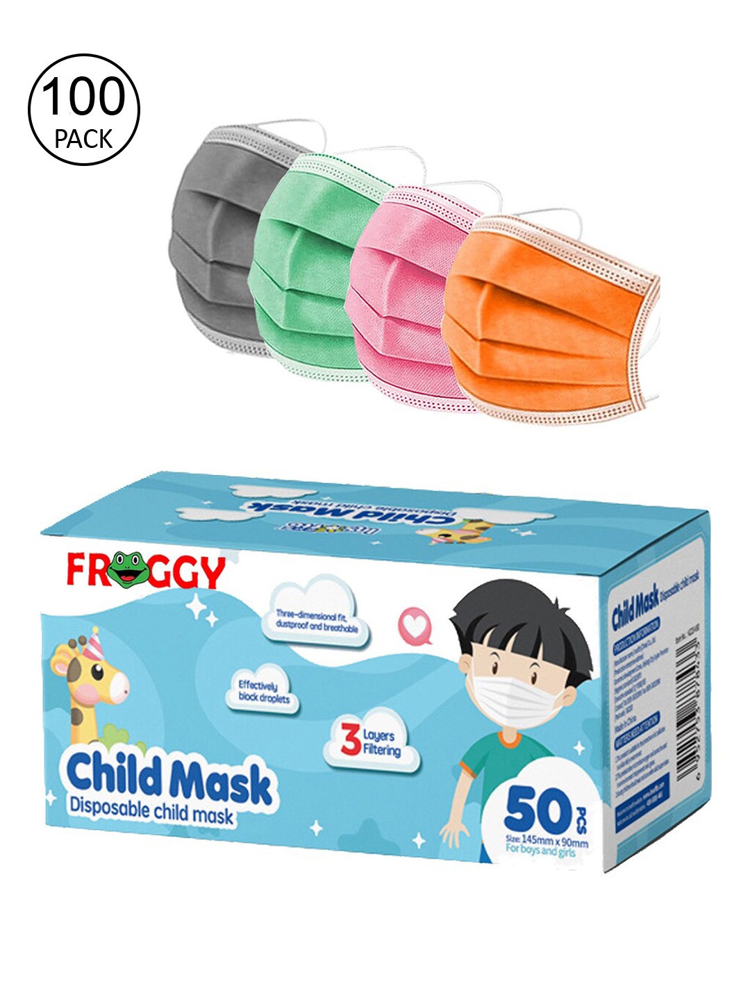 

FROGGY Kids Pack Of 100 Assorted 3-Ply Disposable Surgical Masks