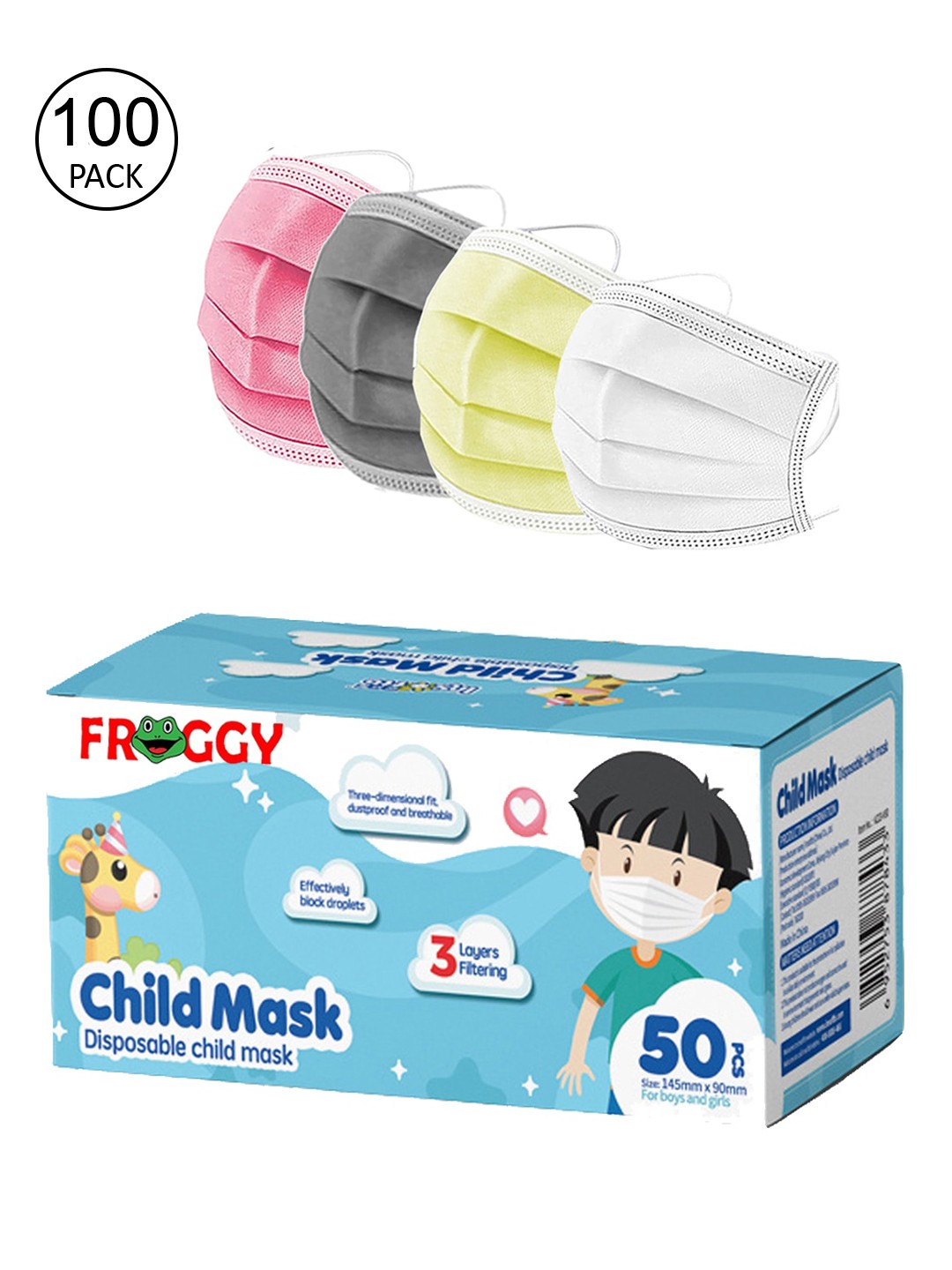 

FROGGY Kids Set Of 100 Assorted 3ply Anti-Pollution Disposable Masks