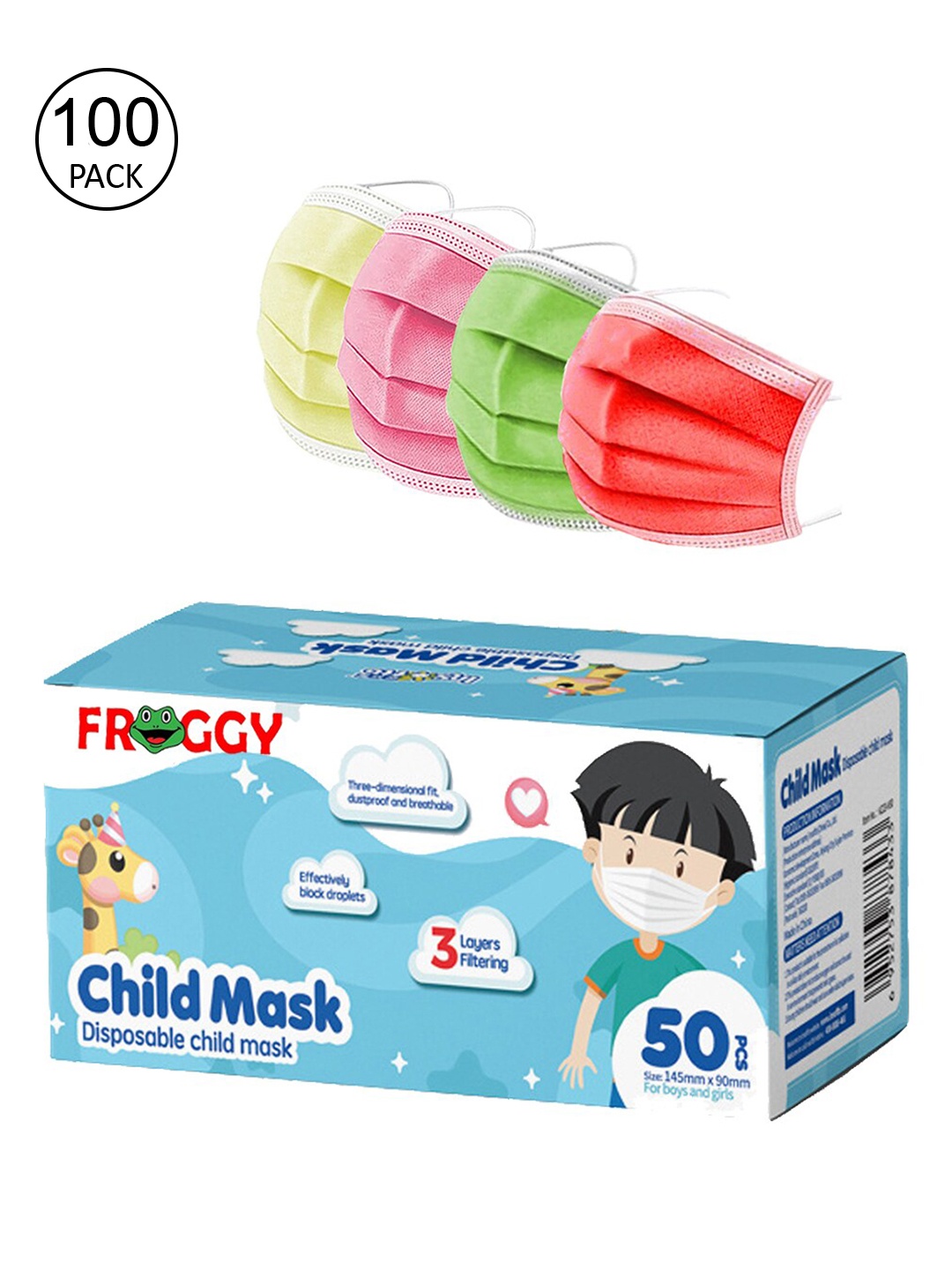 

FROGGY Kids Pack Of 100 Assorted 3ply Anti-Pollution Disposable Mask