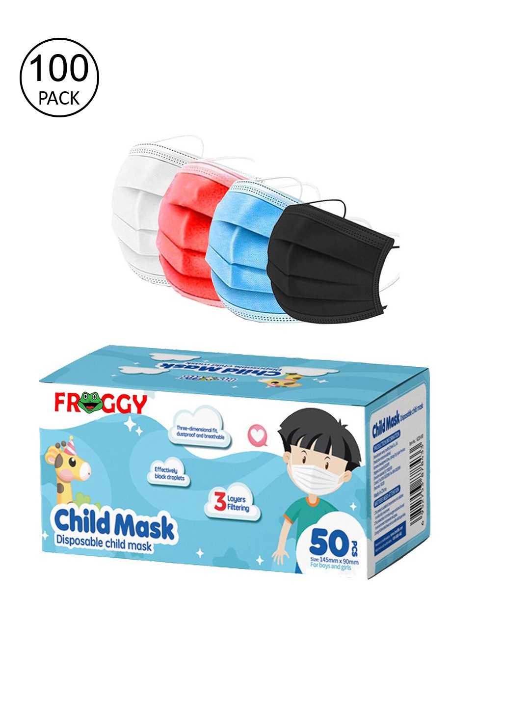 

FROGGY Multicolored Pack Of 100 Assorted 3ply Anti-Pollution Mask With Nose-Pin, Multi