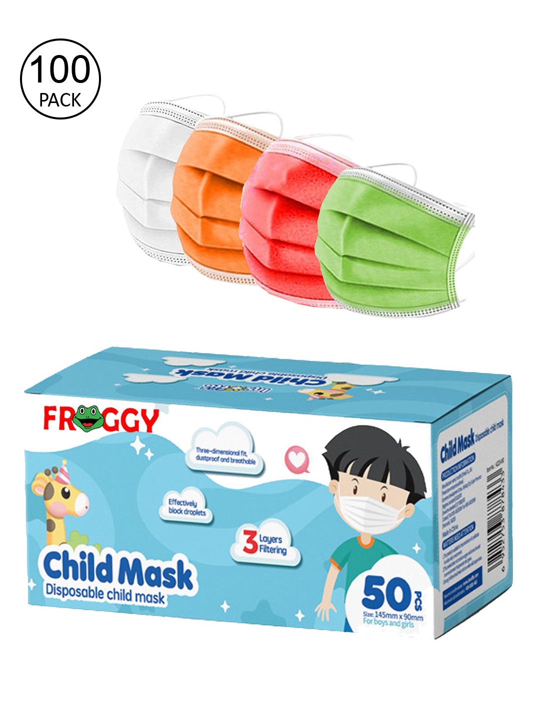 

FROGGY Unisex Pack Of 100 Assorted 3-Ply Anti-Pollution Mask With Nose-Pin