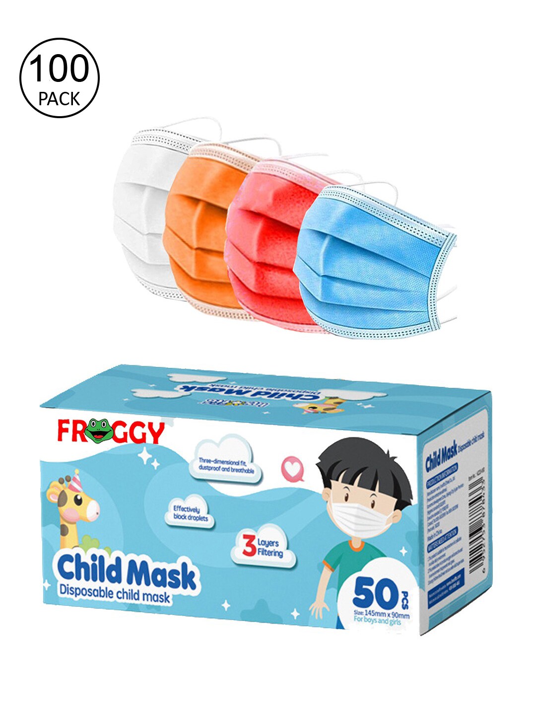 

FROGGY Kids Pack Of 100 Assorted 3 Ply Anti-Pollution Mask