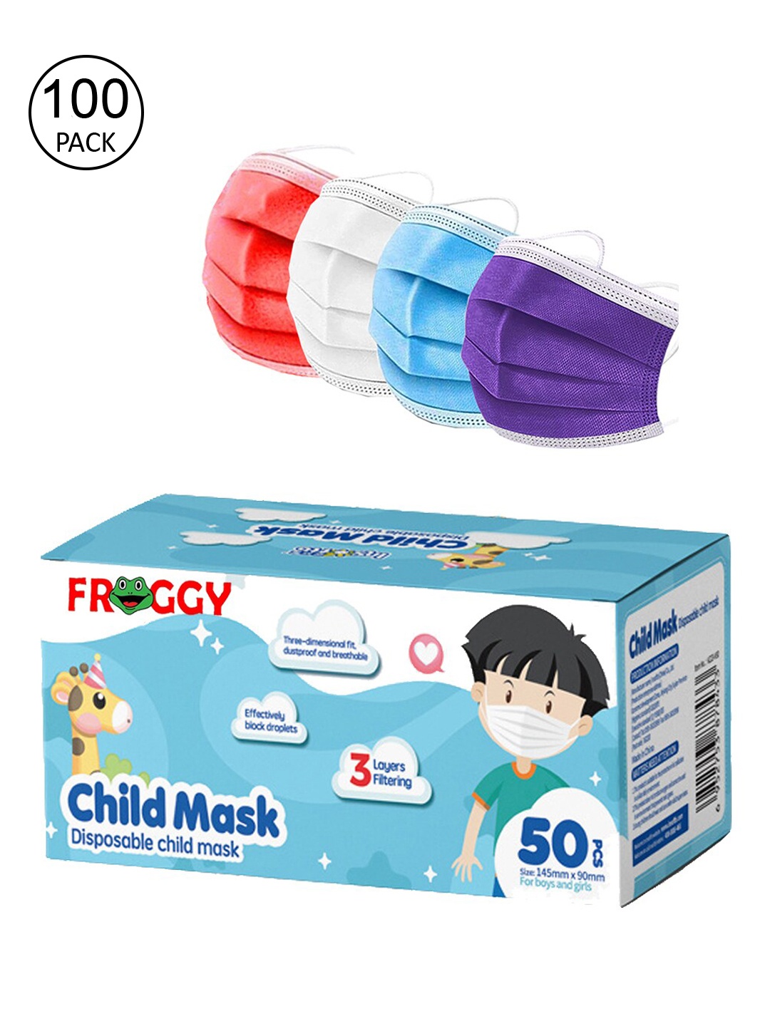 

FROGGY Kids Pack of 100 Anti-Pollution 3ply Mask With Nose-Pin, Multi