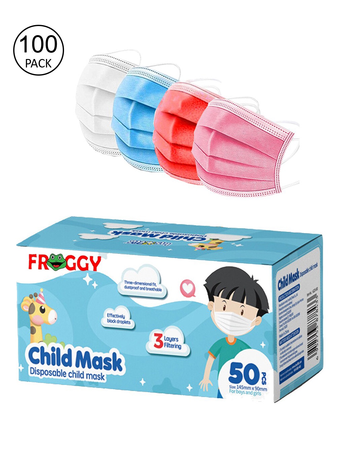 

FROGGY Kids 100 Pcs 3-Ply Disposable Surgical Masks, Assorted
