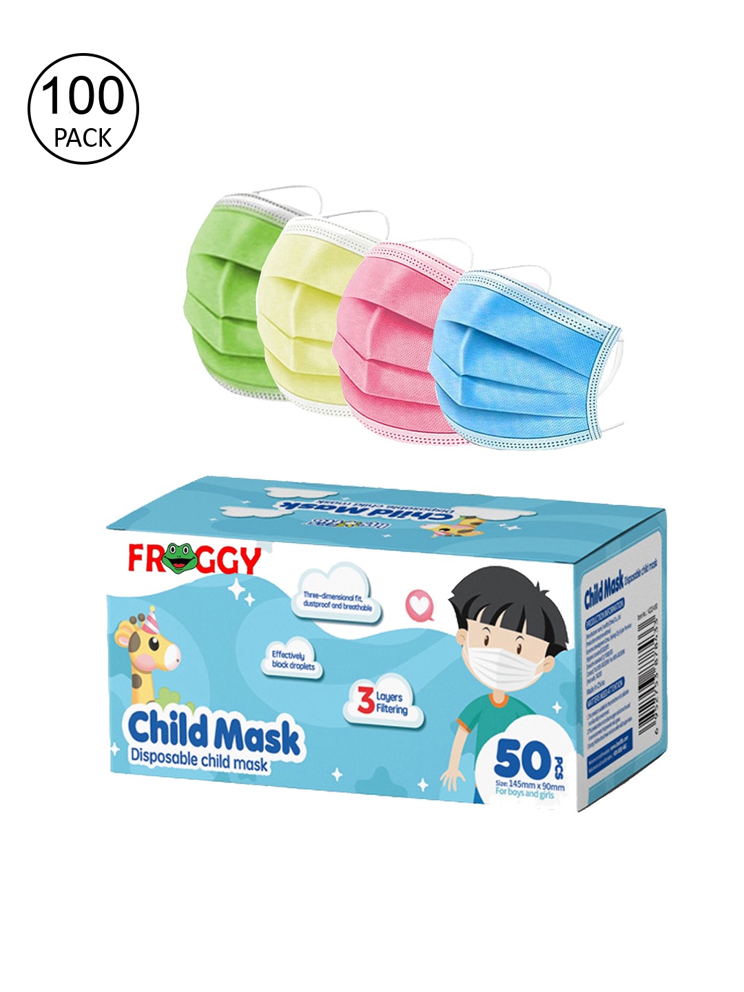 

FROGGY Kids Set Of 100 Assorted 3ply Anti-Pollution Disposable Masks