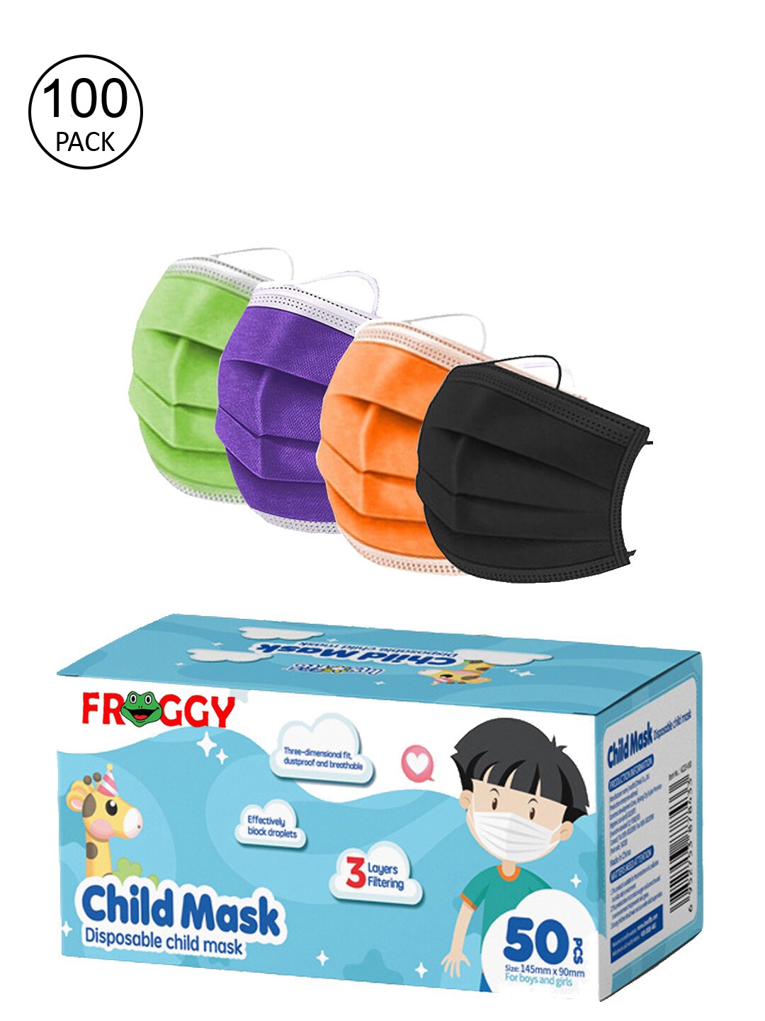 

FROGGY Kids Pack Of 100 Assorted 3ply Anti-Pollution Disposable Mask, Black