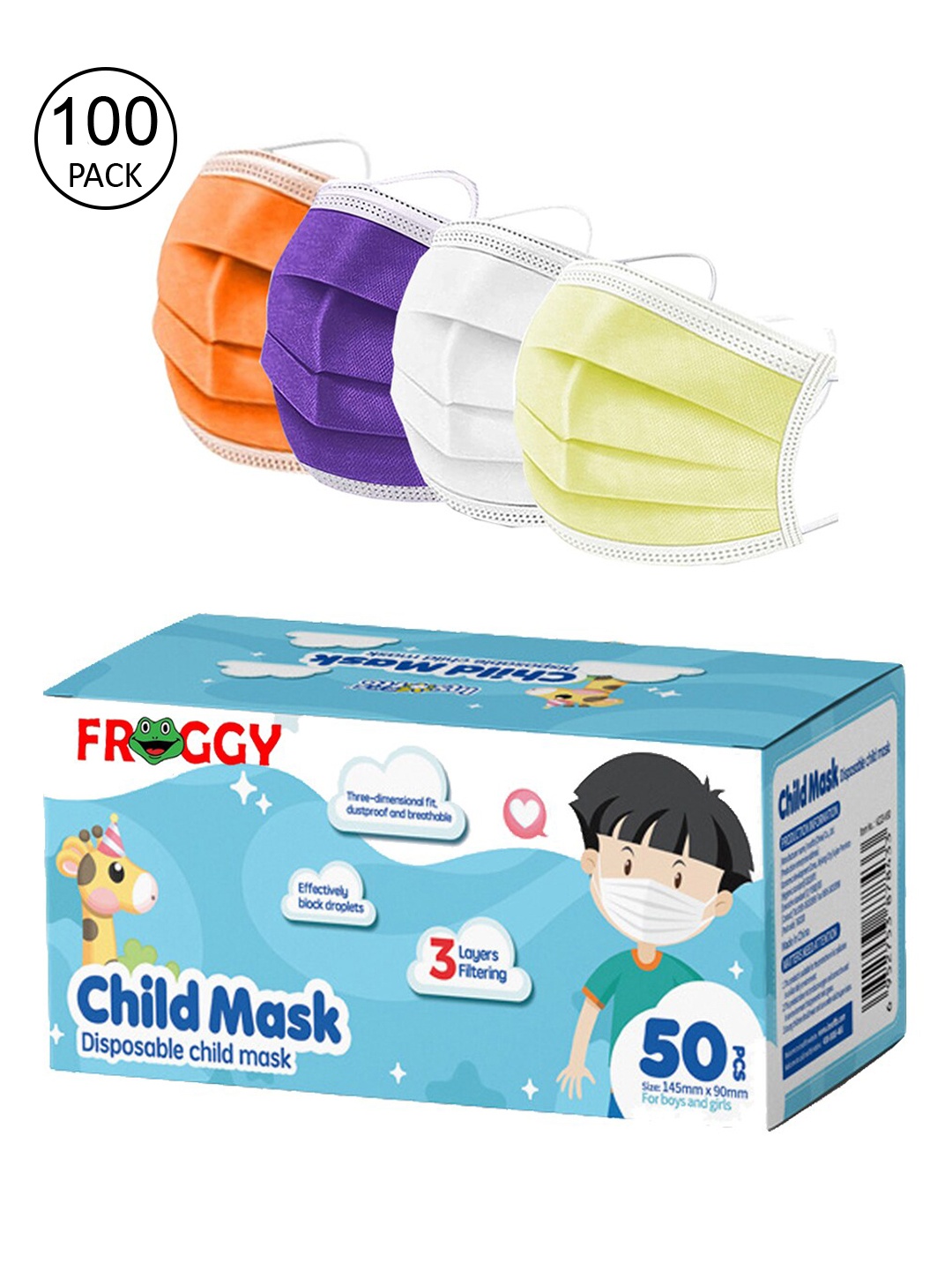

FROGGY Kids Pack Of 100 Assorted 3 Ply Anti-Pollution Mask