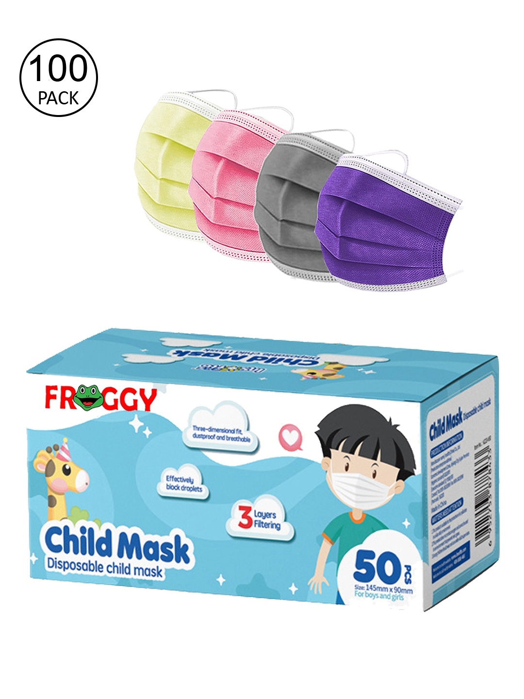 

FROGGY Unisex Kids 100 Pcs Multicoloured 3-Ply Surgical Mask, Multi