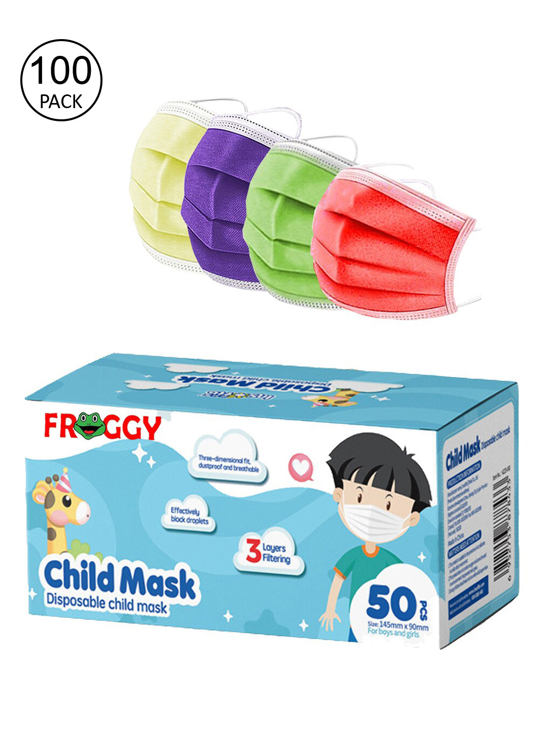 

FROGGY Kids 100 Pcs 3-Ply Disposable Surgical Masks, Assorted