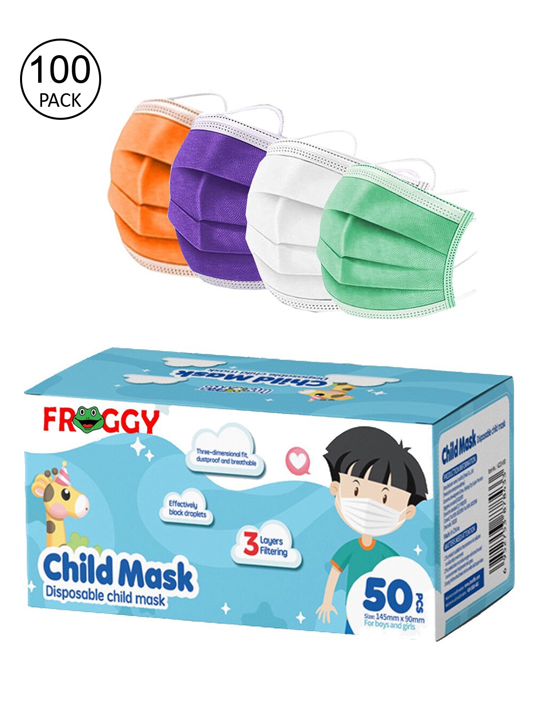 

FROGGY Kids Set Of 100 Assorted 3ply Anti-Pollution Disposable Masks