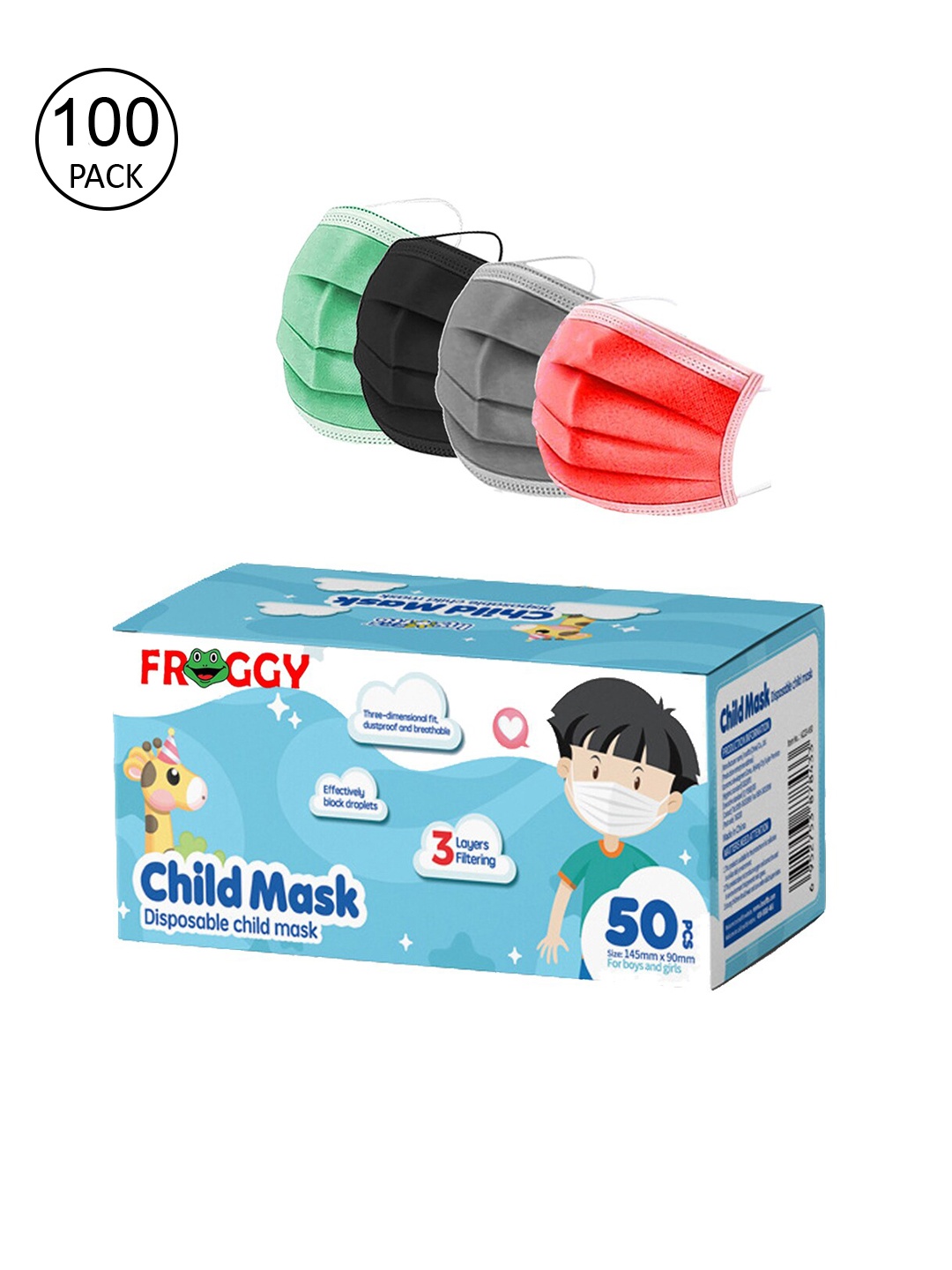 

FROGGY Kids Pack Of 100 Assorted 3 Ply Anti-Pollution Mask