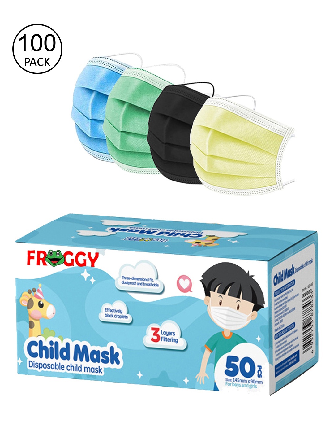 

FROGGY Kids Pack Of 100 Assorted 3-Ply Anti-Pollution Mask