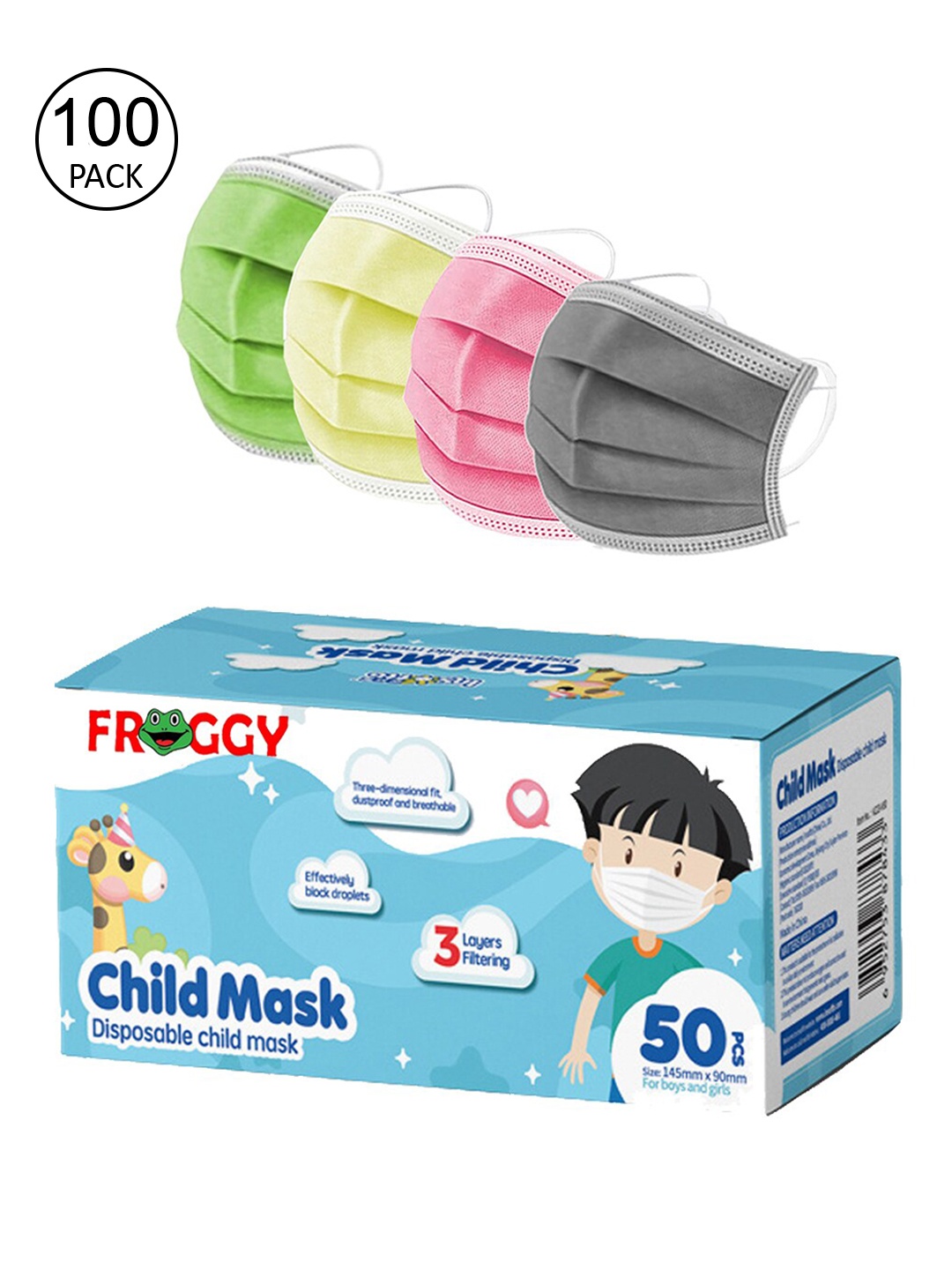

FROGGY Unisex Kids 100 Pcs Multicoloured 3-Ply Surgical Mask, Multi