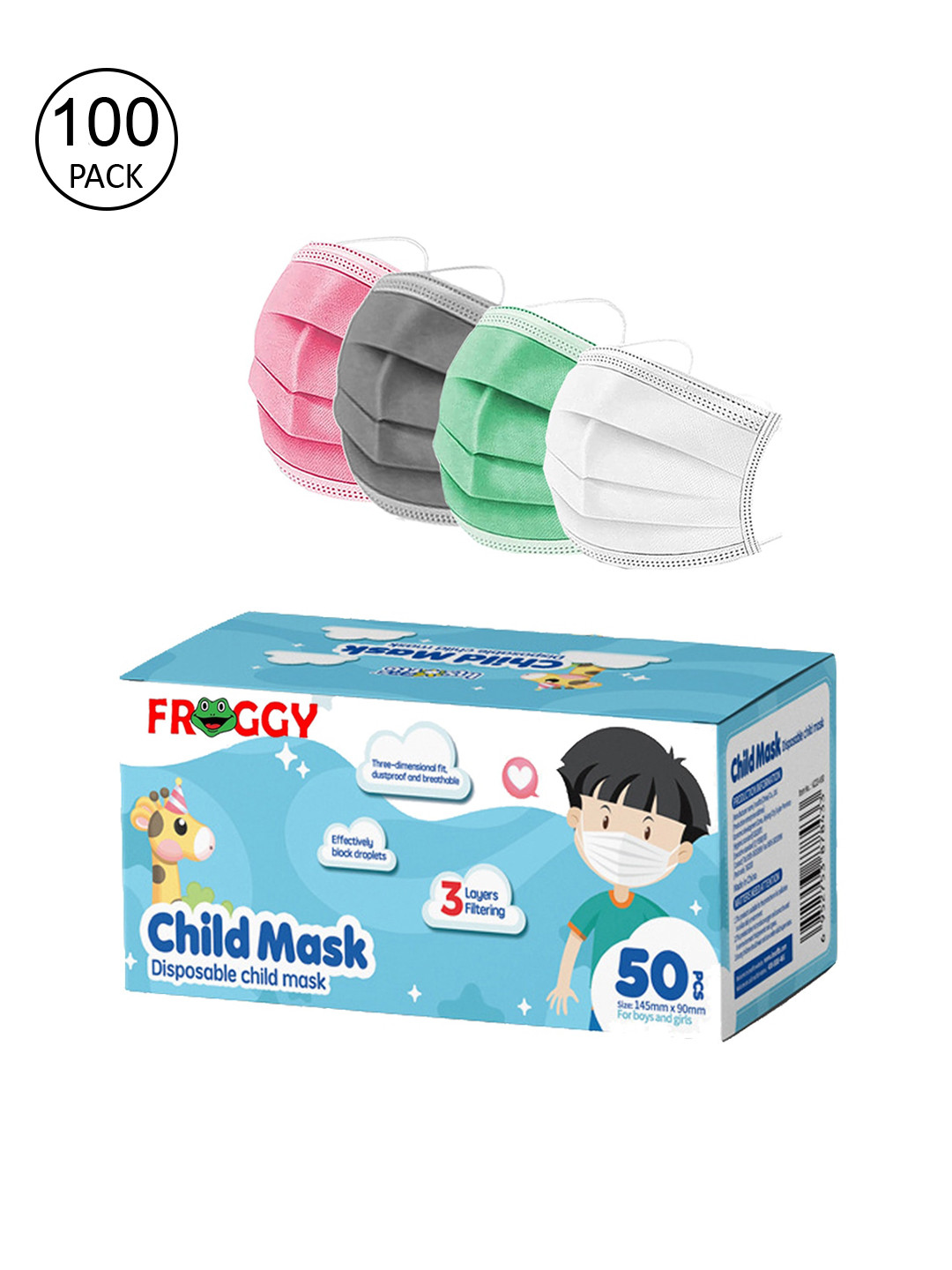 

FROGGY Kids Set Of 100 Assorted 3ply Anti-Pollution Disposable Masks