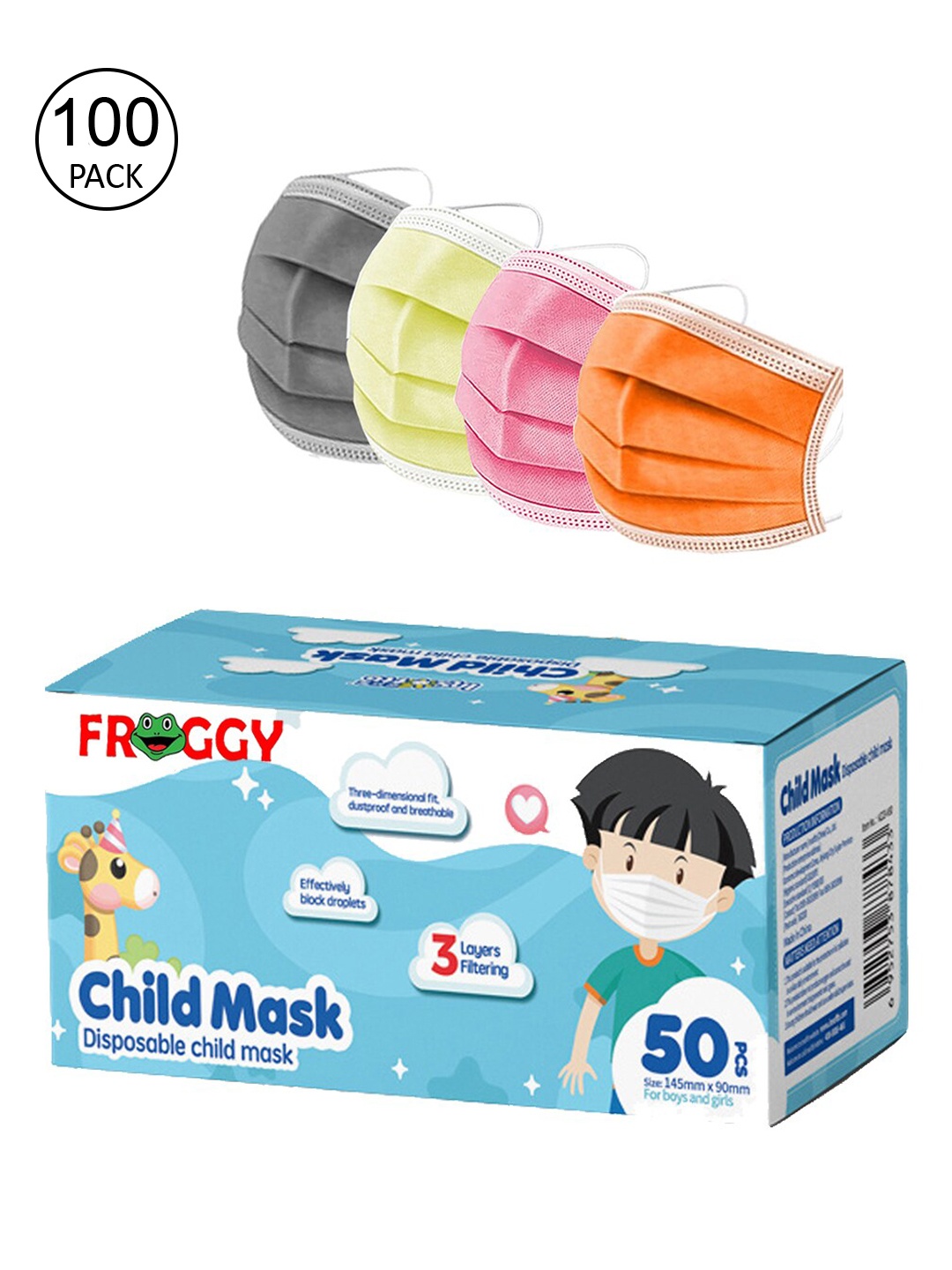 

FROGGY Kids 100 Pcs 3-Ply Disposable Surgical Masks, Assorted