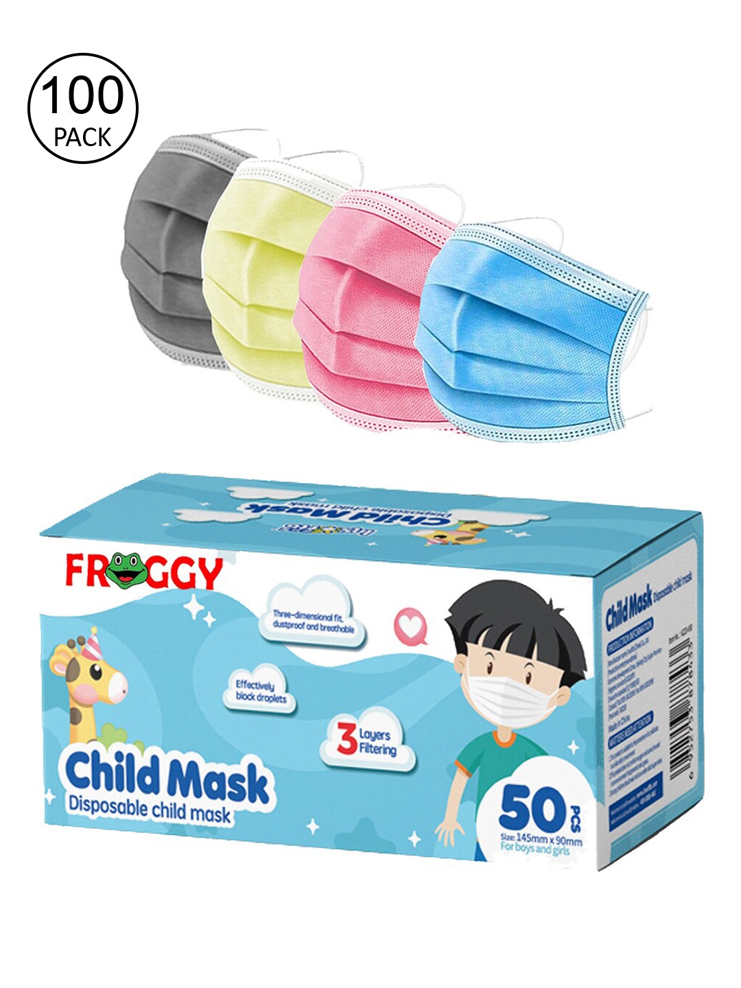 

FROGGY Kids Pack Of 100 Assorted 3ply Anti-Pollution Disposable Mask, Blue