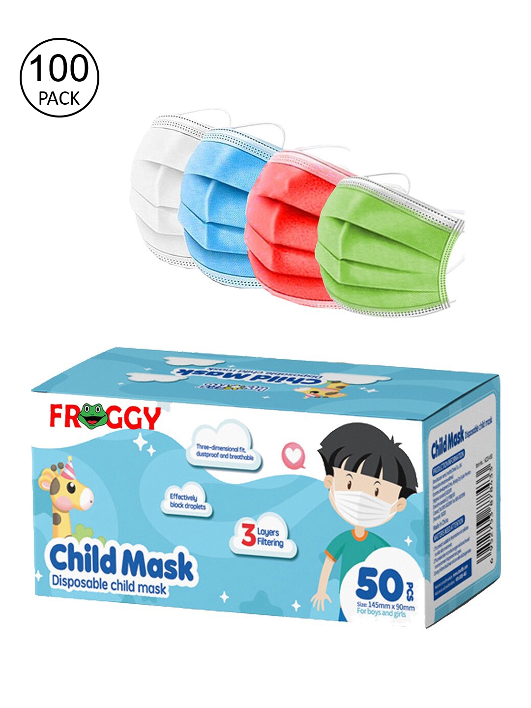 

FROGGY Kids Pack Of 100 Assorted 3 Ply Anti-Pollution Mask