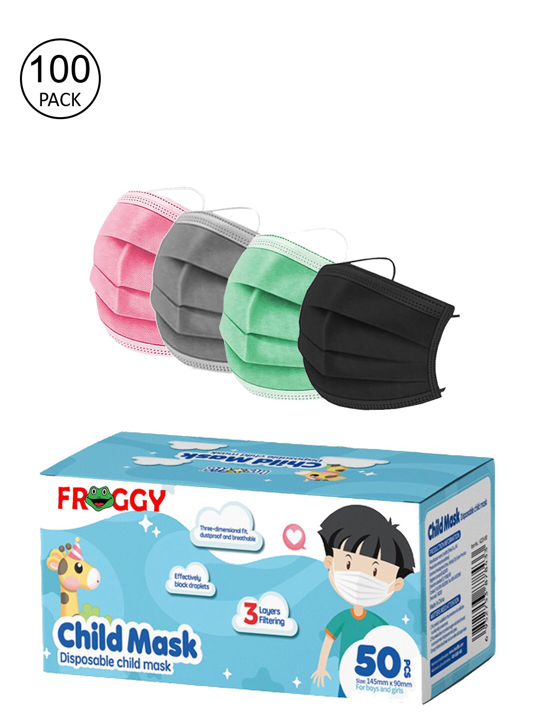 

FROGGY Unisex Kids 100 Pcs Multicoloured 3-Ply Surgical Mask, Multi