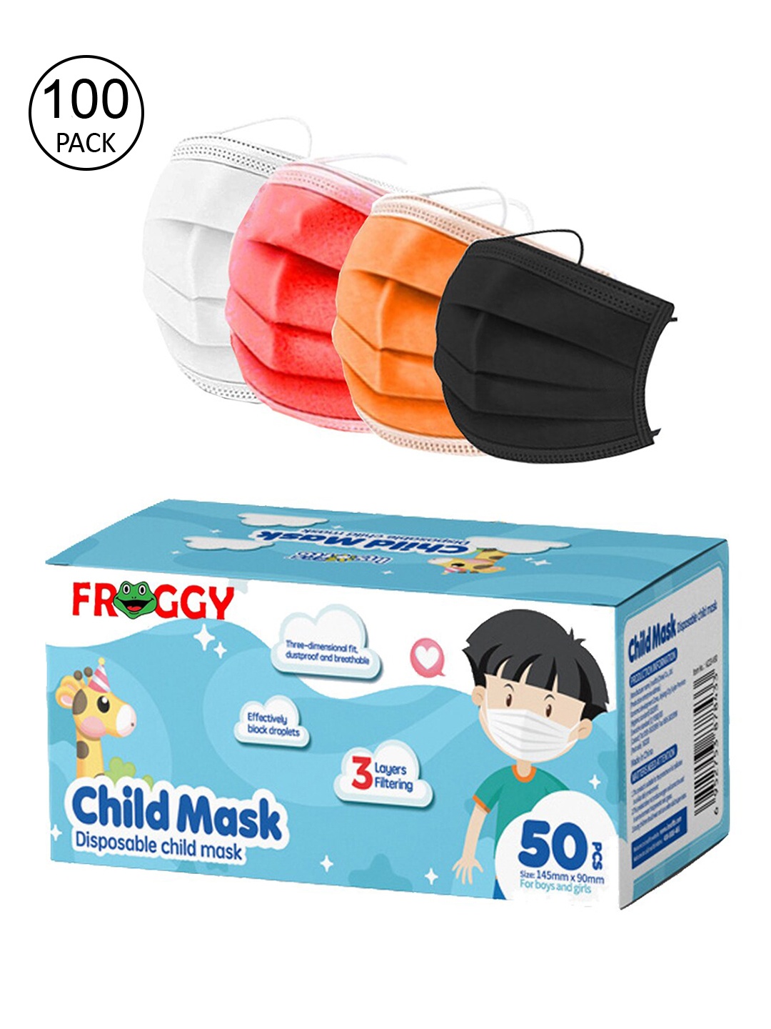 

FROGGY Kids 100 Pcs 3-Ply Disposable Surgical Masks, Assorted
