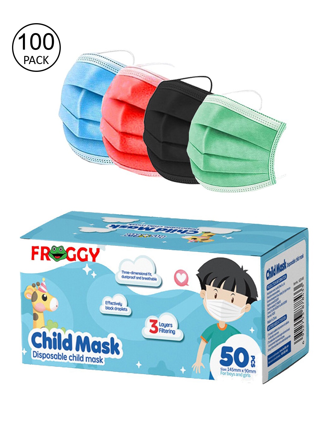 

FROGGY Kids Pack Of 100 Assorted 3ply Anti-Pollution Disposable Mask