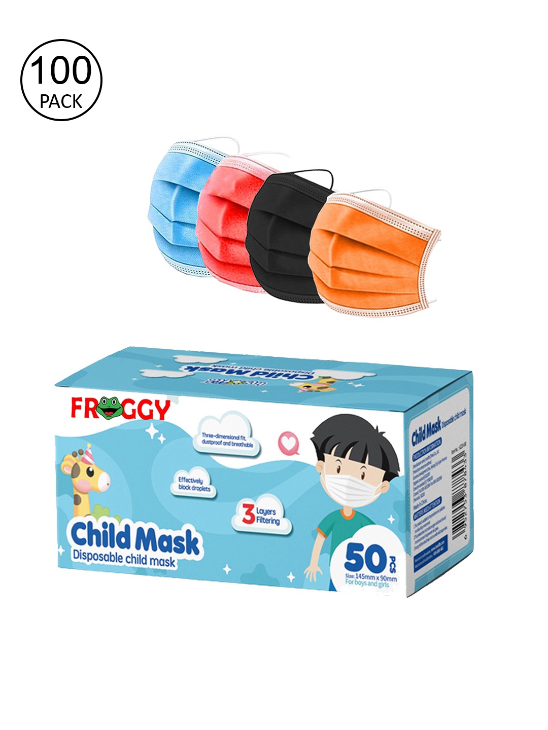 

FROGGY Unisex Kids 100 Pcs Multicoloured 3-Ply Surgical Mask, Multi