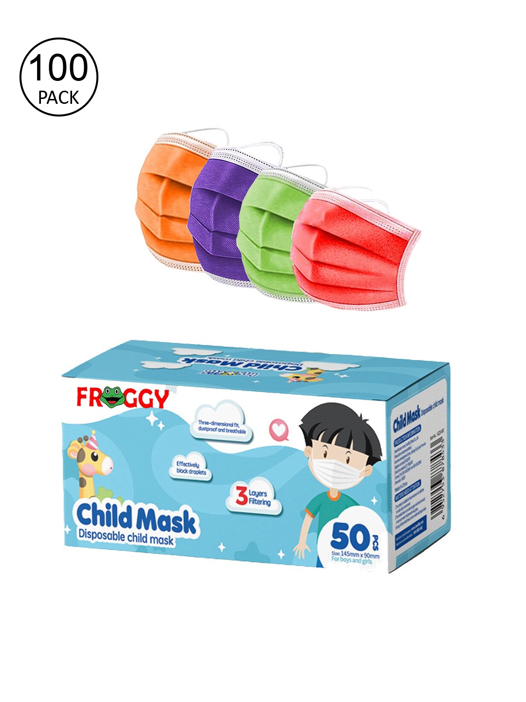 

FROGGY Kids 100 Pcs 3-Ply Disposable Surgical Masks, Assorted