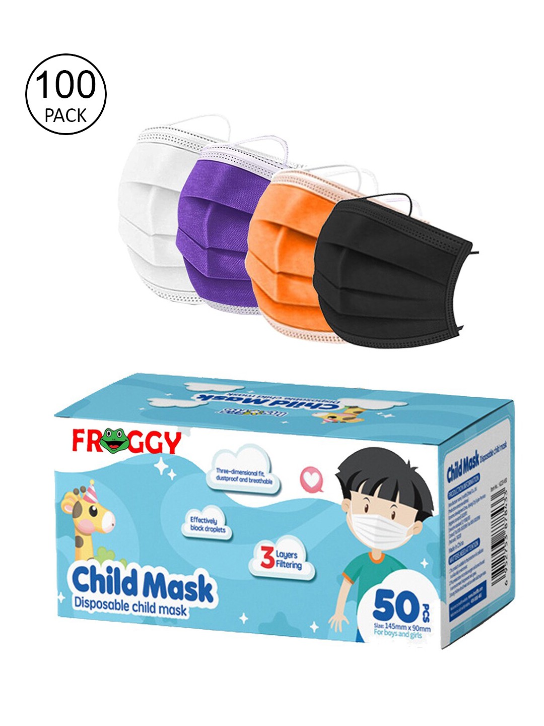

FROGGY Kids Pack Of 100 Assorted 3ply Anti-Pollution Disposable Mask