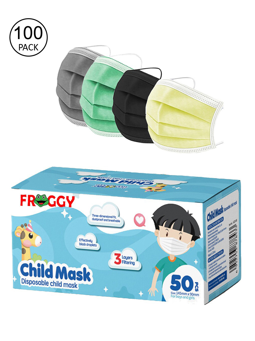 

FROGGY Kids Pack Of 100 Assorted 3 Ply Anti-Pollution Mask