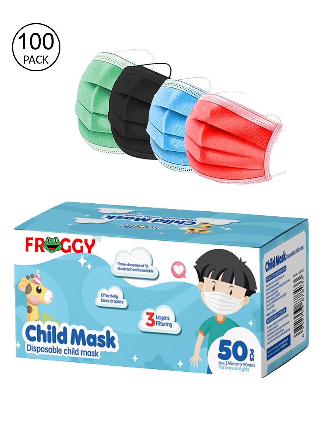 

FROGGY Multicolored Pack Of 100 Assorted 3ply Anti-Pollution Mask With Nose-Pin, Multi