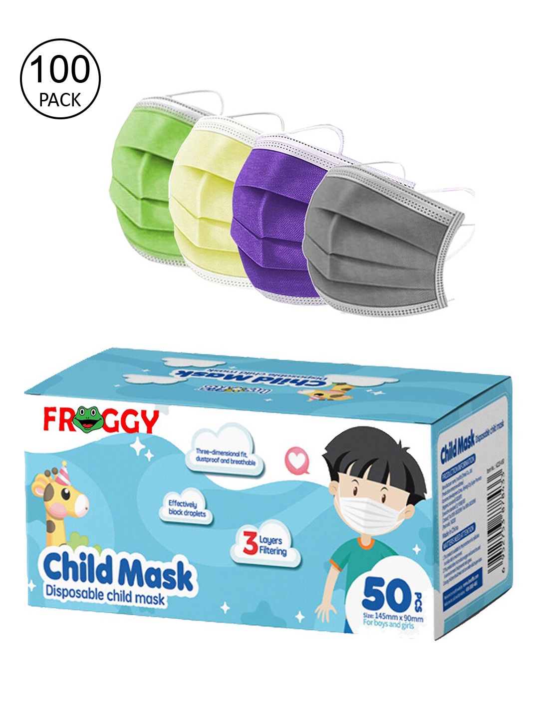 

FROGGY Unisex Kids 100 Pcs Multicoloured 3-Ply Surgical Mask, Multi