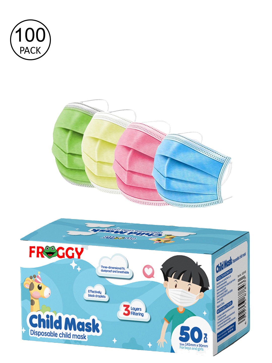 

FROGGY Kids 100 Pcs 3-Ply Disposable Surgical Masks, Assorted
