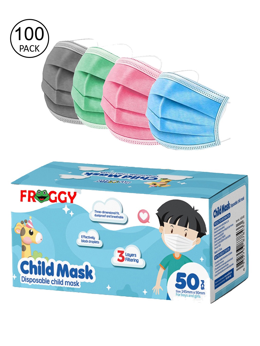 

FROGGY Kids Pack Of 100 Assorted 3ply Anti-Pollution Disposable Mask