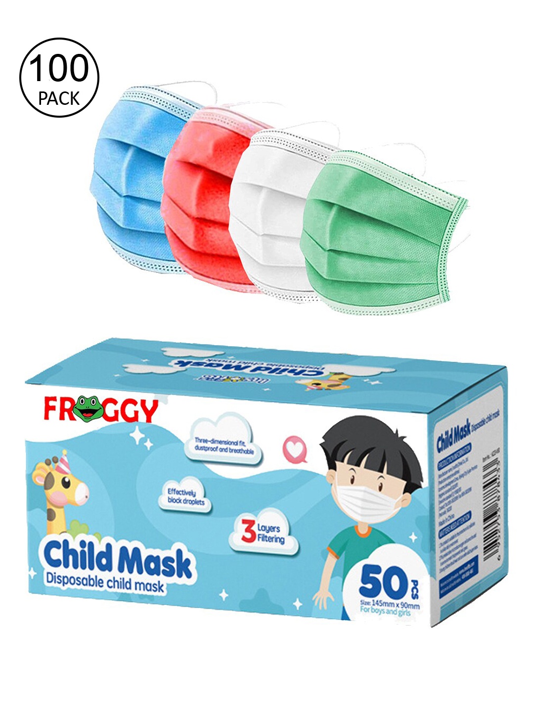 

FROGGY Kids Pack Of 100 Assorted 3 Ply Anti-Pollution Mask