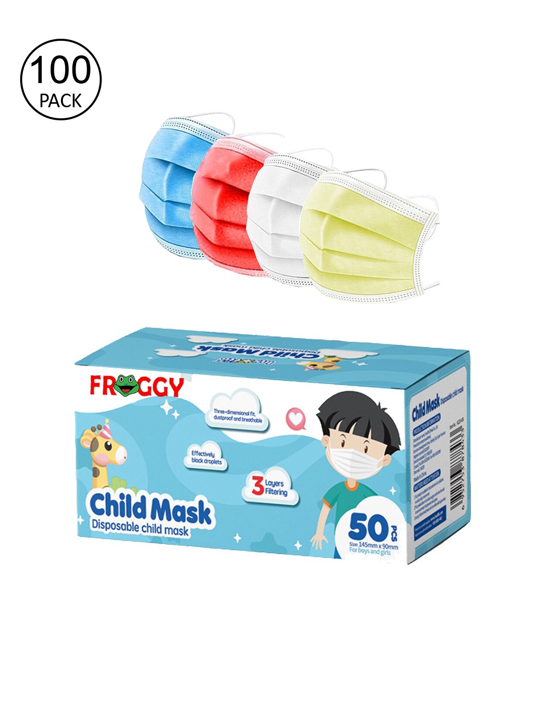 

FROGGY Unisex Pack Of 100 Assorted 3-Ply Anti-Pollution Mask With Nose-Pin