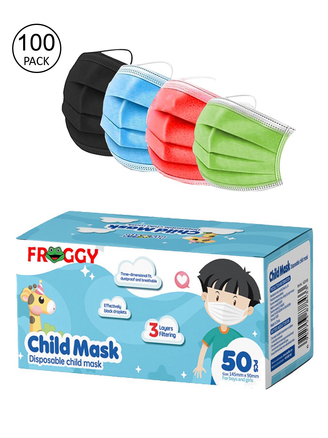 

FROGGY Unisex Kids 100 Pcs Multicoloured 3-Ply Surgical Mask, Multi