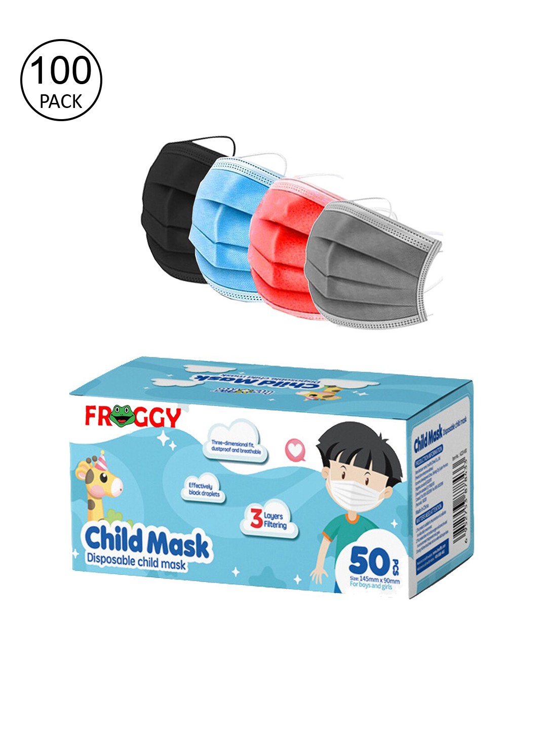 

FROGGY Kids 100 Pcs 3-Ply Disposable Surgical Masks, Assorted