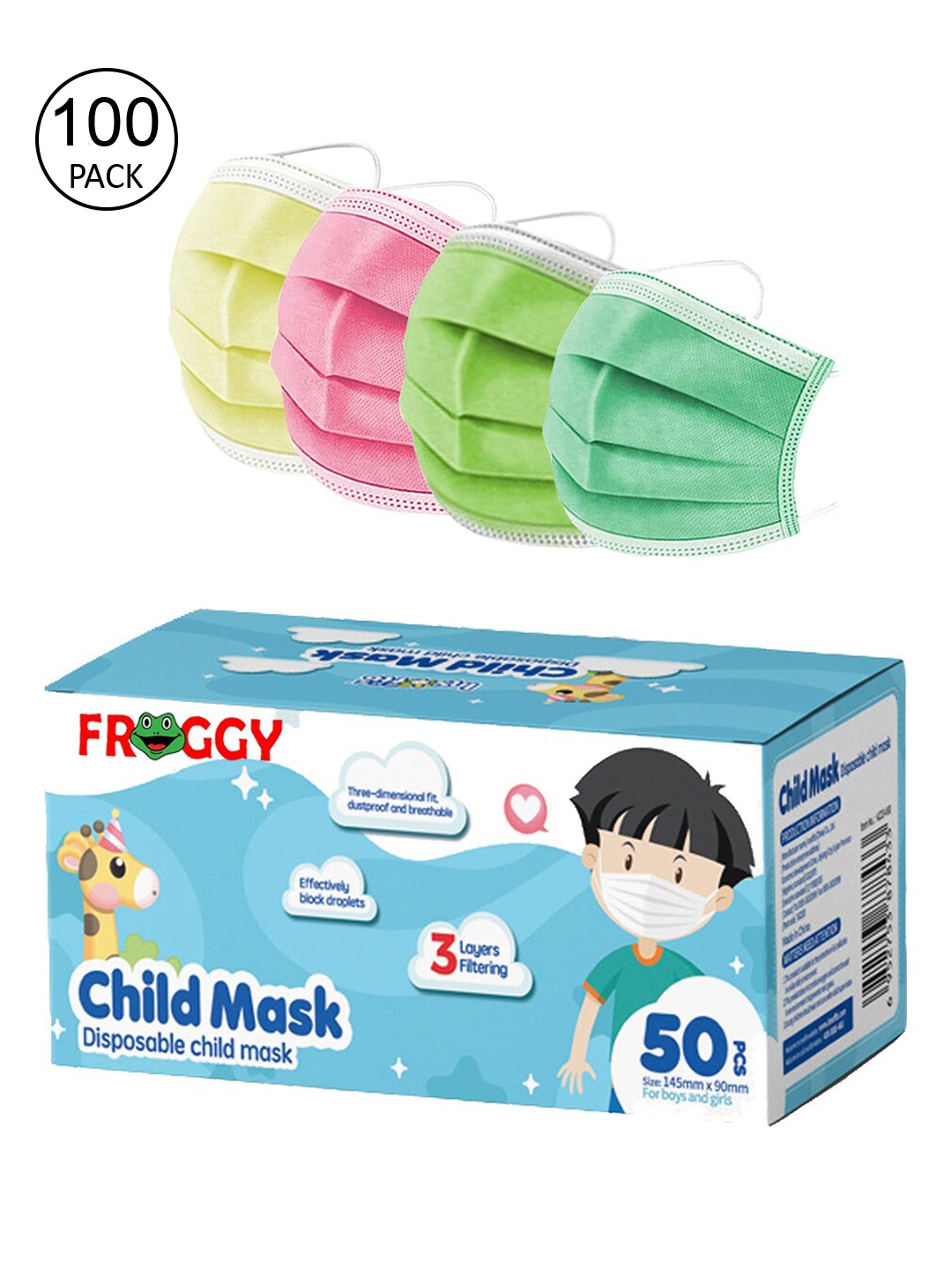

FROGGY Kids Pack Of 100 Assorted 3ply Anti-Pollution Disposable Mask