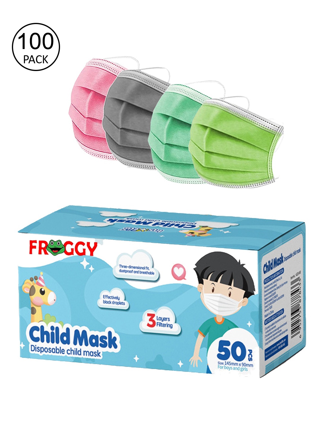 

FROGGY Kids Pack Of 100 Assorted 3 Ply Anti-Pollution Mask