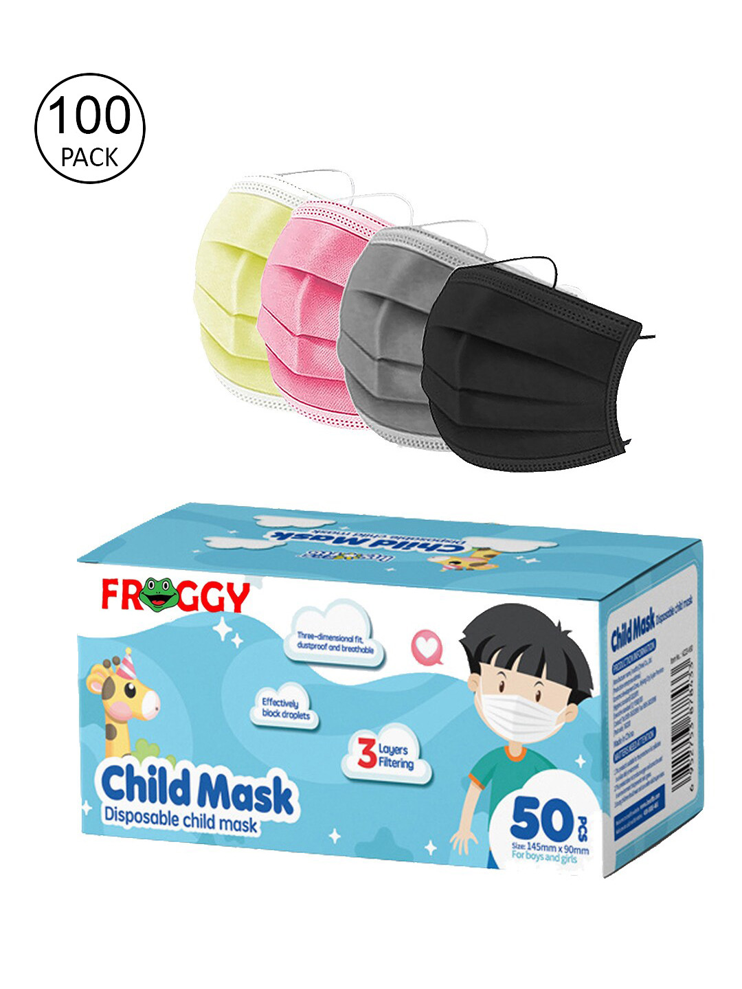

FROGGY Unisex Kids 100 Pcs Multicoloured 3-Ply Surgical Mask, Multi