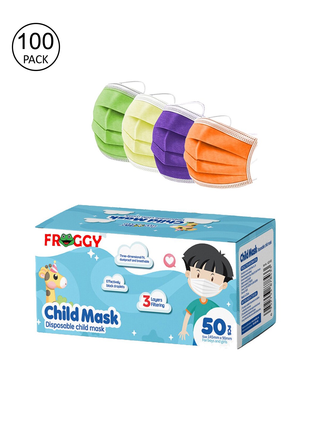 

FROGGY Kids 100 Pcs 3-Ply Disposable Surgical Masks, Assorted