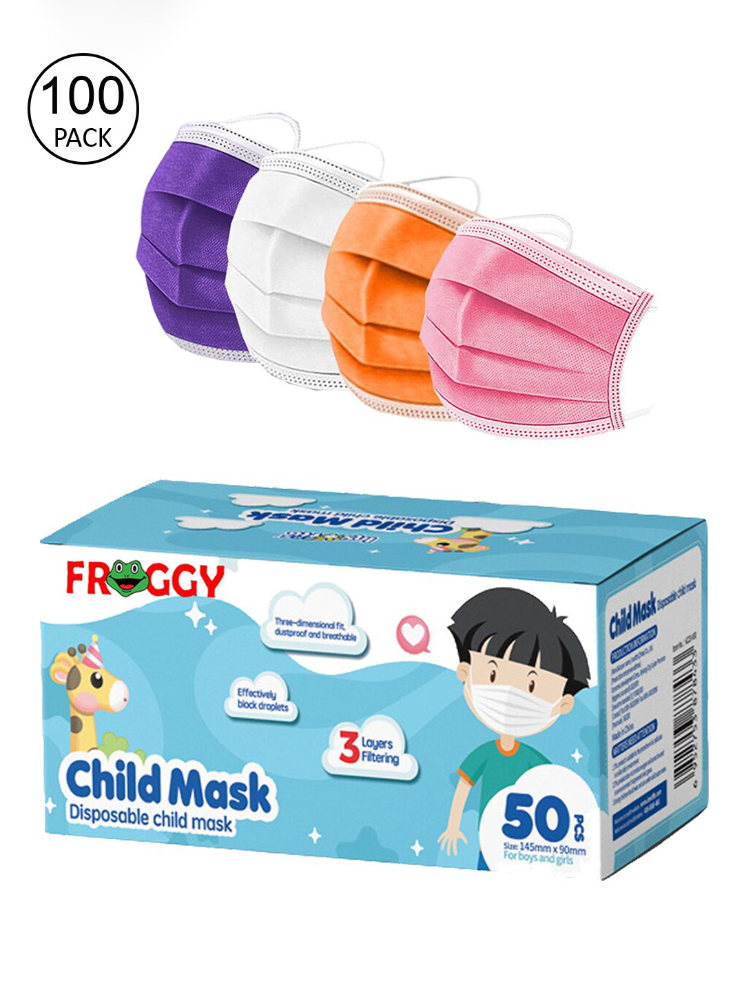 

FROGGY Kids Set Of 100 Assorted 3ply Anti-Pollution Disposable Masks
