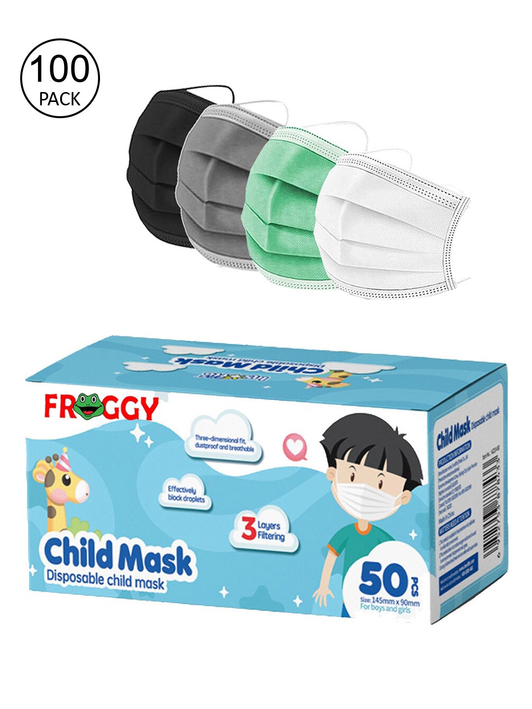 

FROGGY Unisex Kids 100 Pcs Multicoloured 3-Ply Surgical Mask, Multi