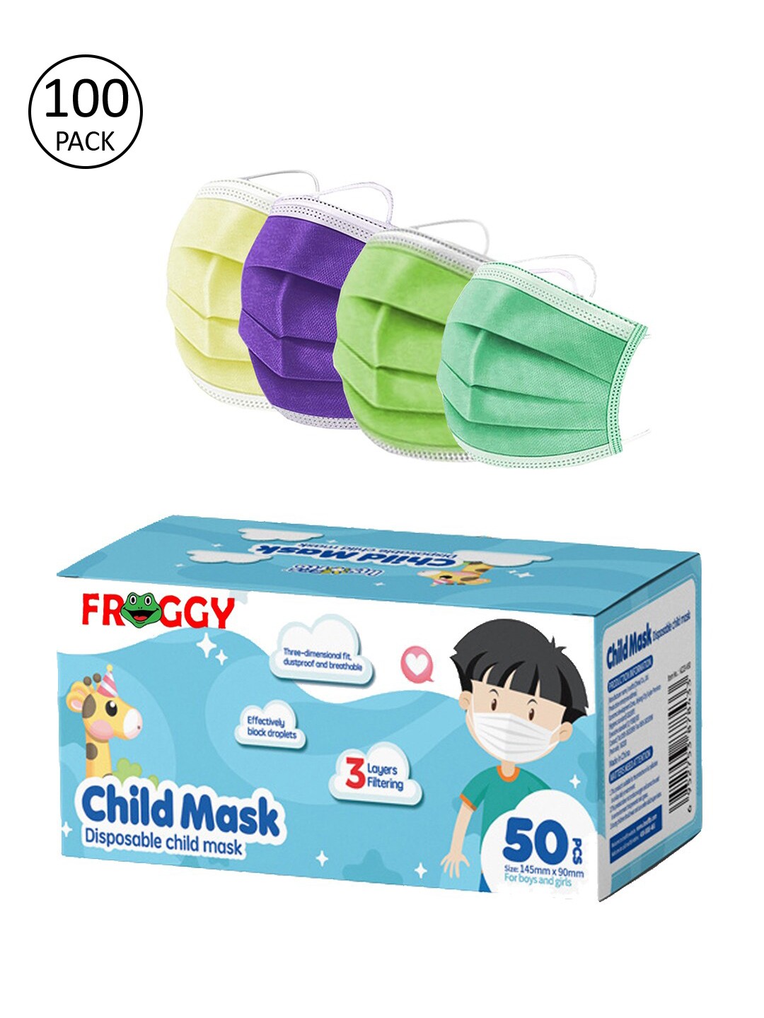 

FROGGY Kids Pack Of 100 Assorted 3ply Anti-Pollution Disposable Mask