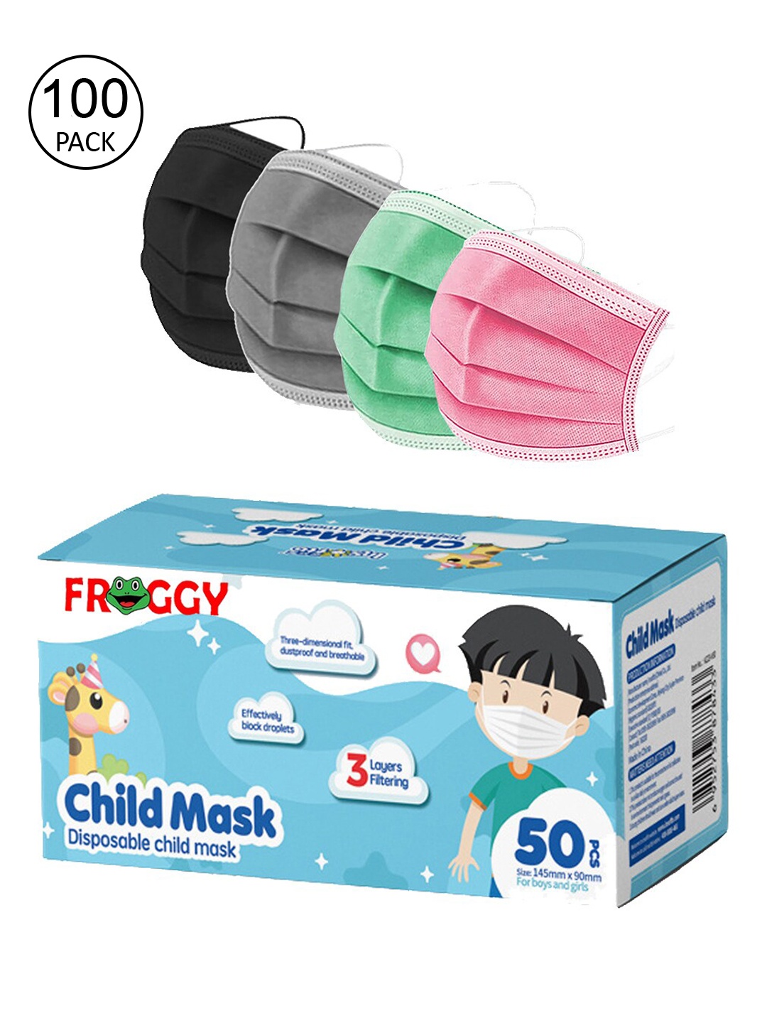 

FROGGY Kids Set Of 100 Assorted 3ply Anti-Pollution Disposable Masks