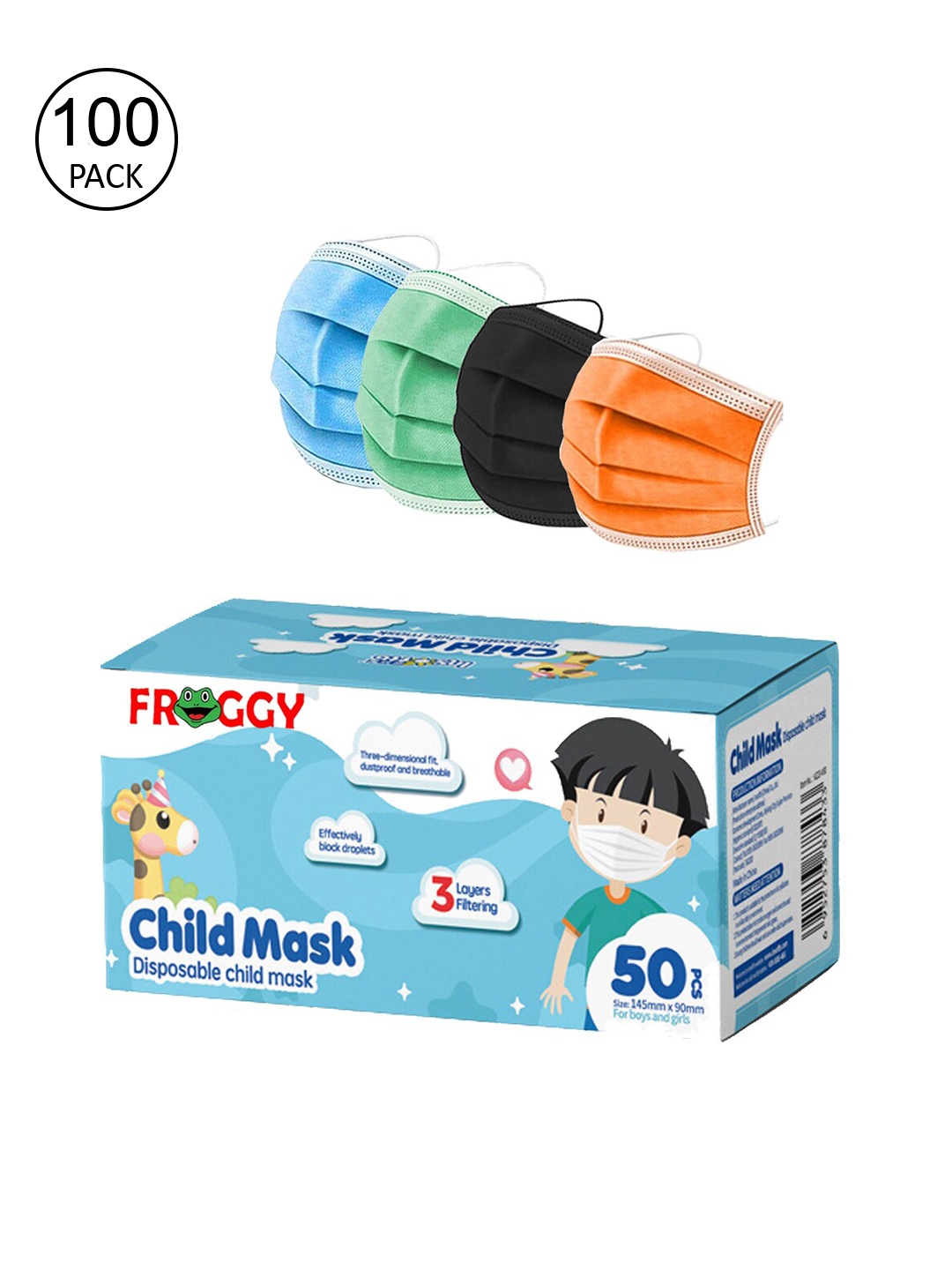 

FROGGY Kids Pack Of 100 Assorted 3 Ply Anti-Pollution Mask