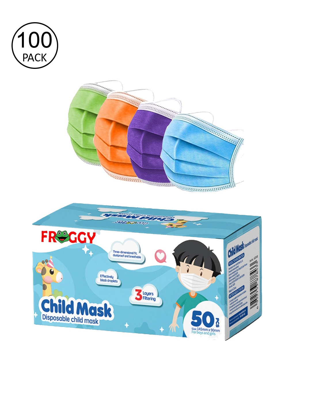 

FROGGY Unisex Kids 100 Pcs Multicoloured 3-Ply Surgical Mask, Multi