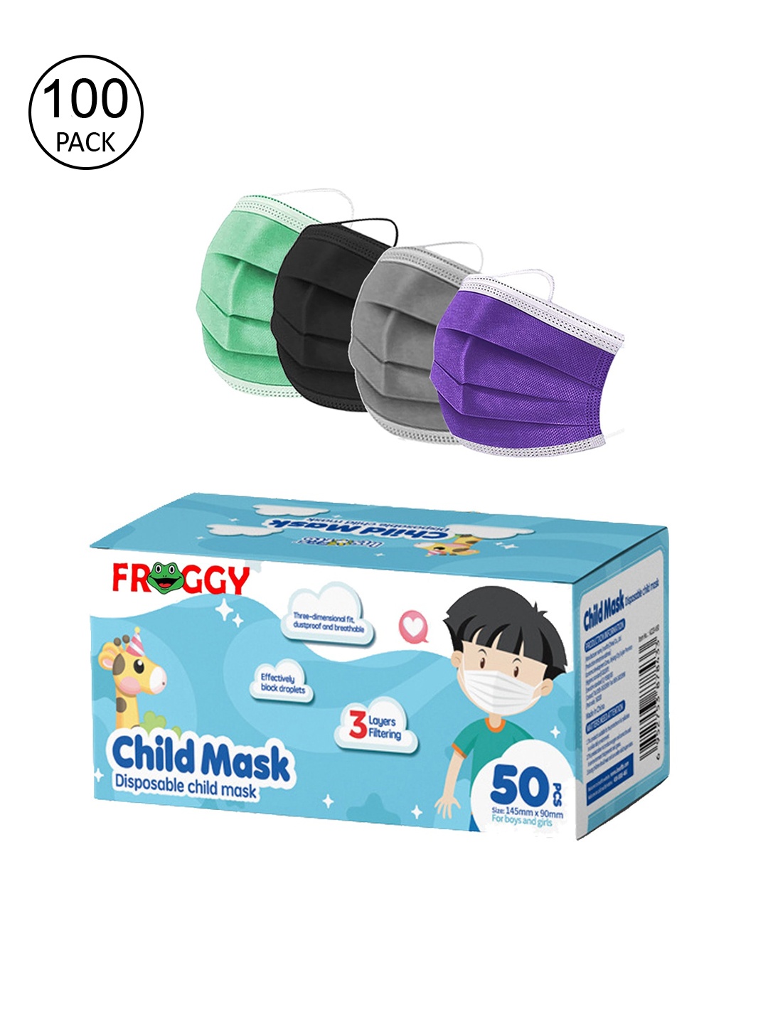 

FROGGY Kids 100 Pcs 3-Ply Disposable Surgical Masks, Assorted