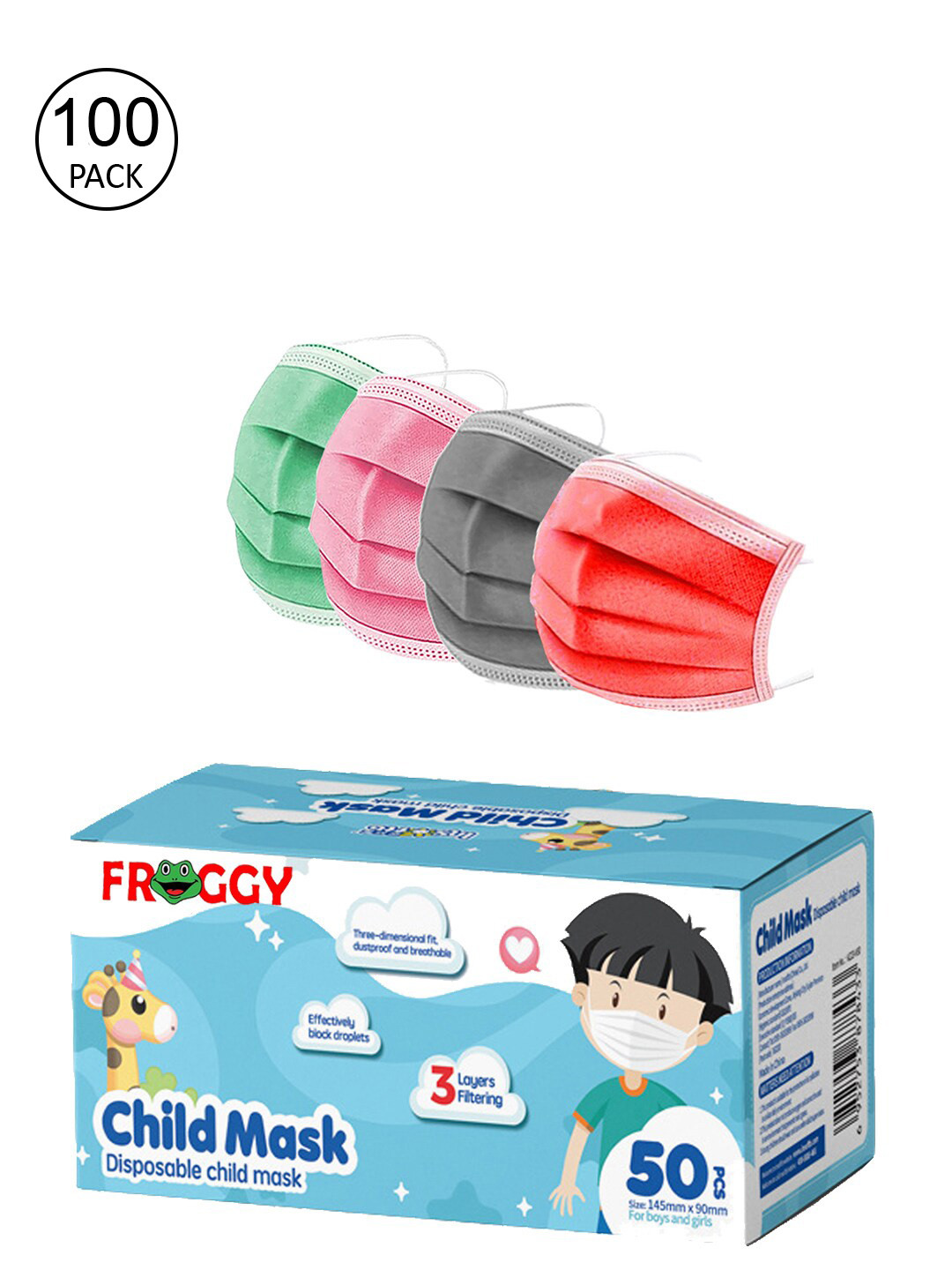 

FROGGY Kids Pack Of 100 Assorted 3ply Anti-Pollution Disposable Mask