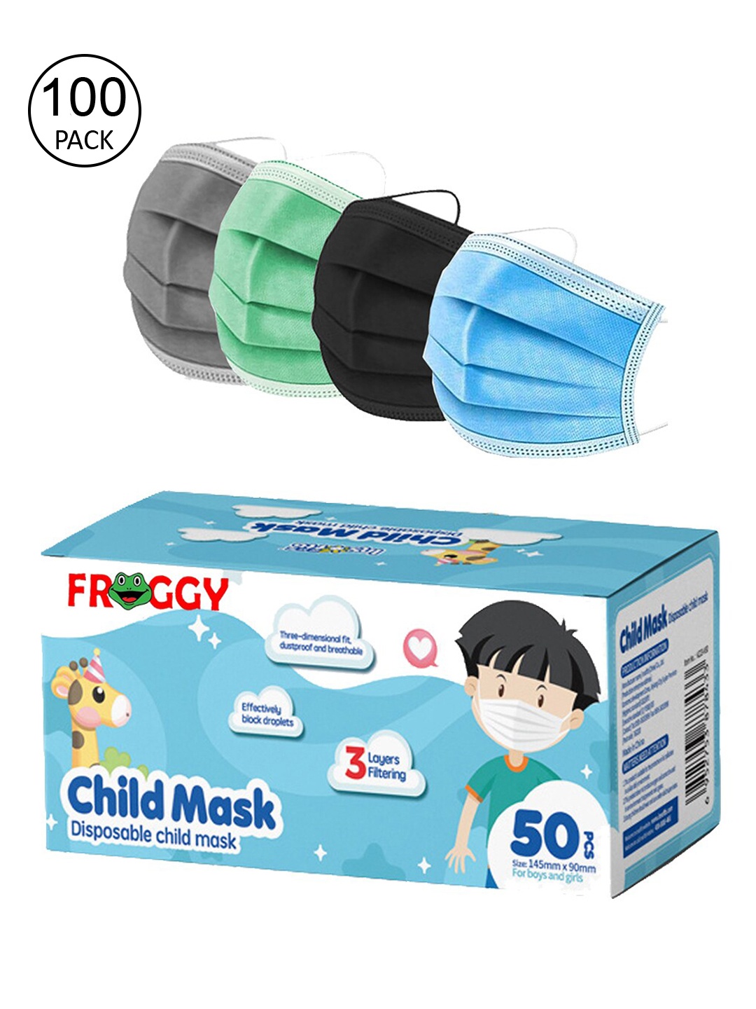 

FROGGY Kids Pack Of 100 Assorted 3 Ply Anti-Pollution Mask